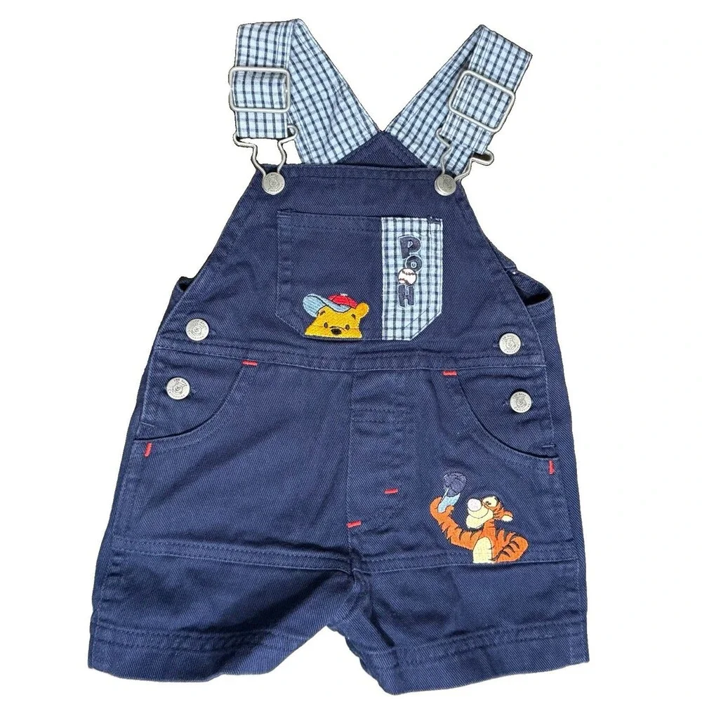 Vintage Y2K Winnie the Pooh Overall Shorts Blue Denim 3-6 Months